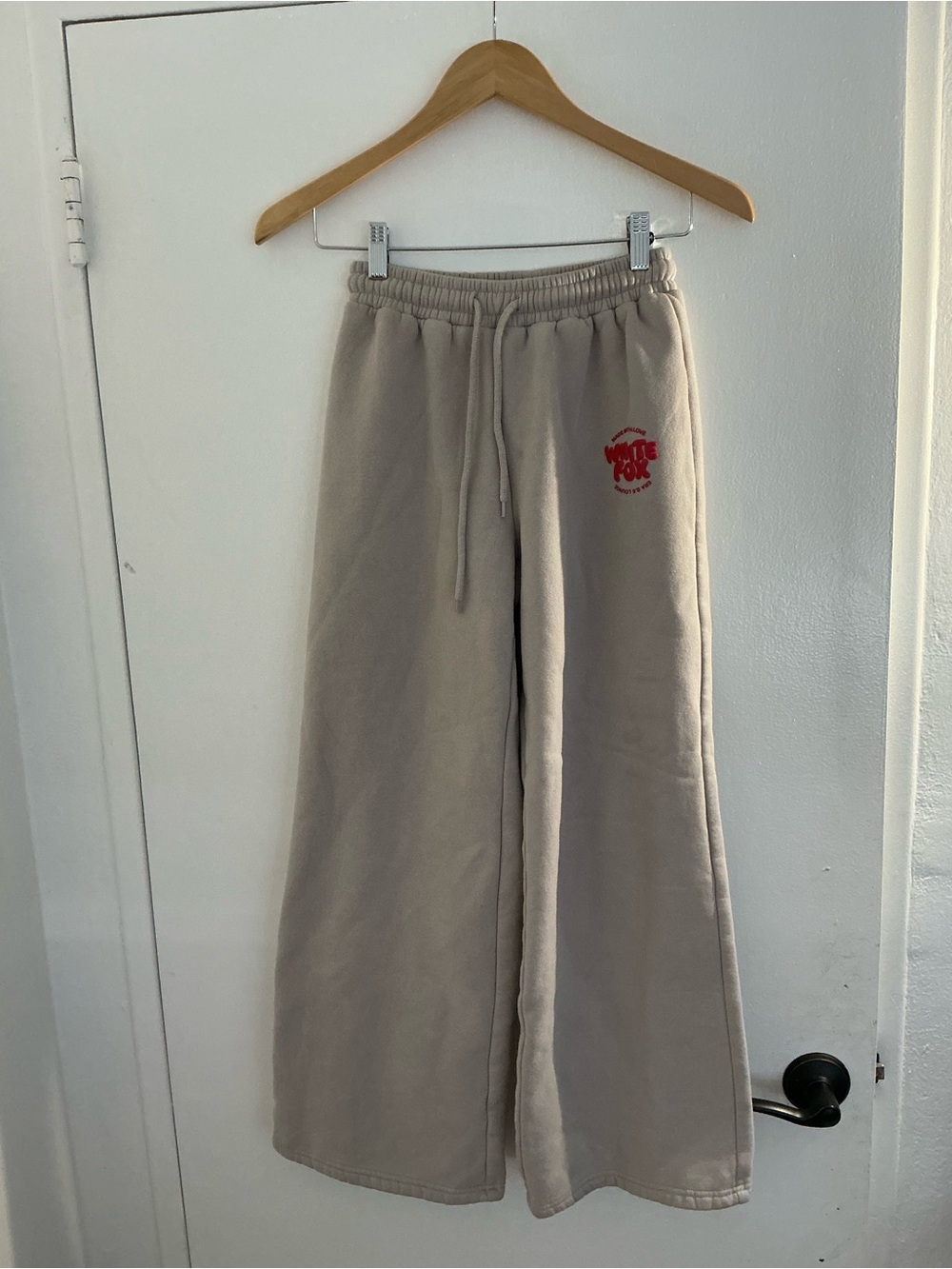 White Fox Boutique Taupe Wide-Leg Sweatpants with Red Logo